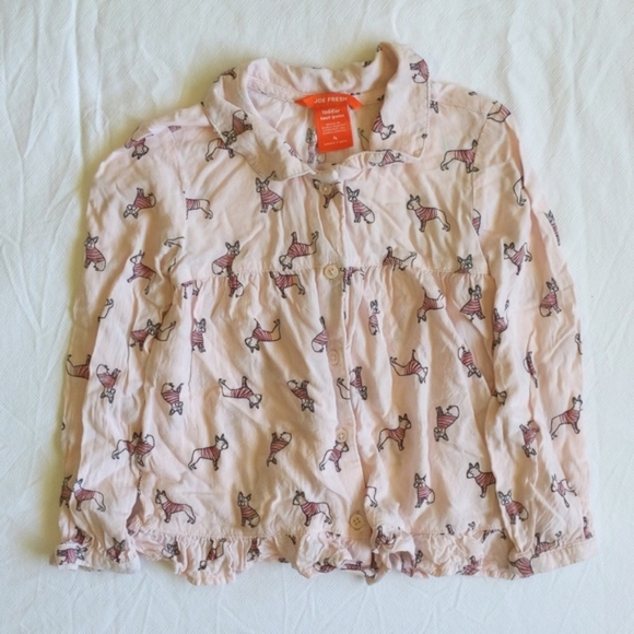joe fresh lightweight rayon french bulldog long sleeve blouse 4T toddler girls - Picture 1 of 6